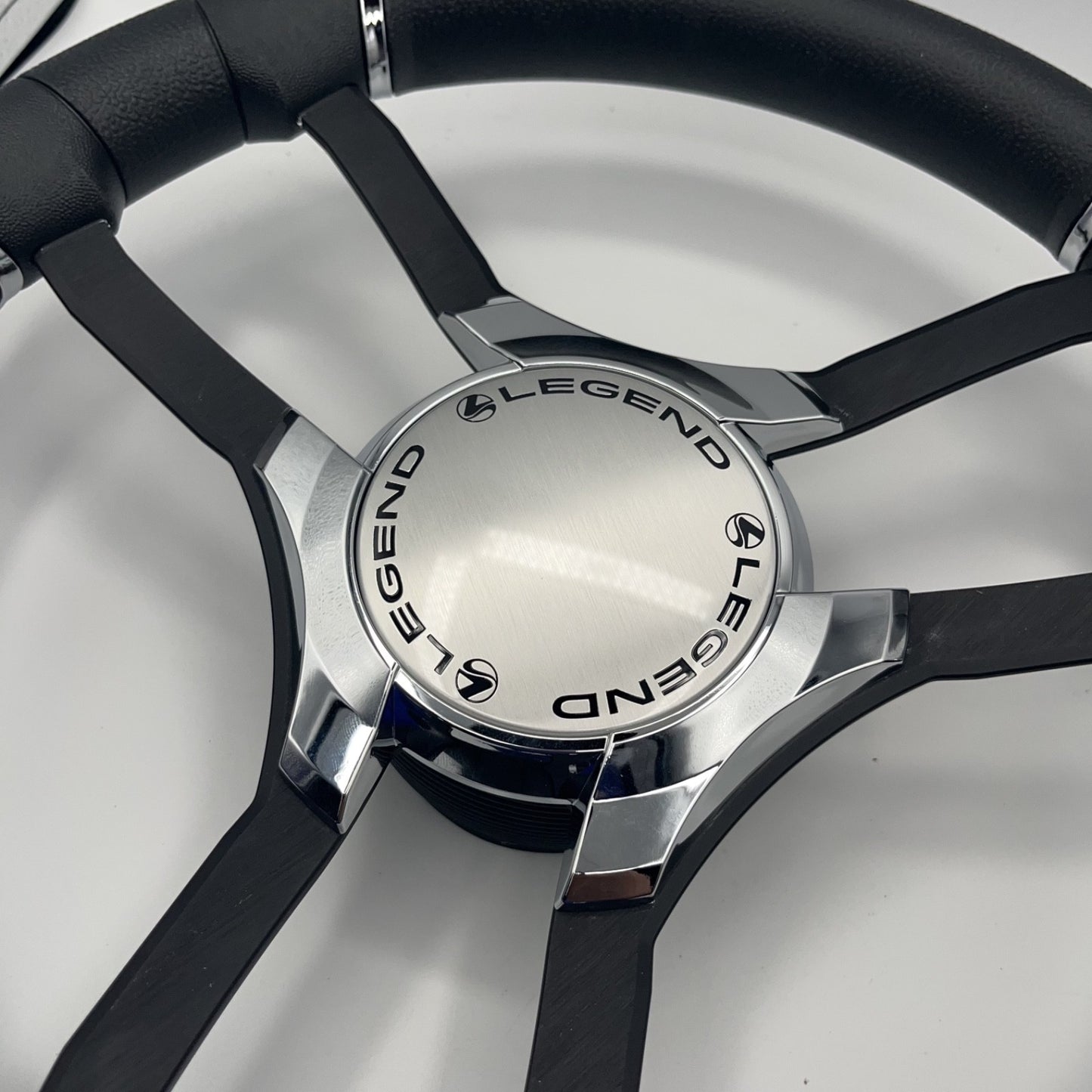 Malera Boat Steering Wheel Black Aluminum Spokes | Chrome-Style Legend Logo