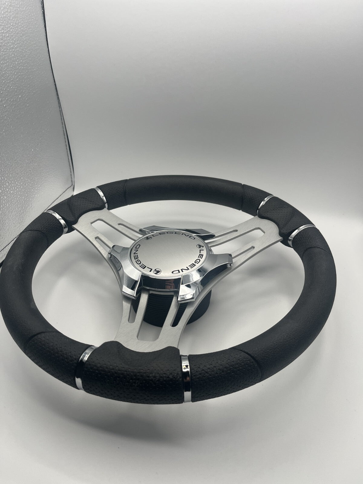 Verona Boat Steering Wheel Gray Brushed Aluminum Spokes | Legend Boats Logo