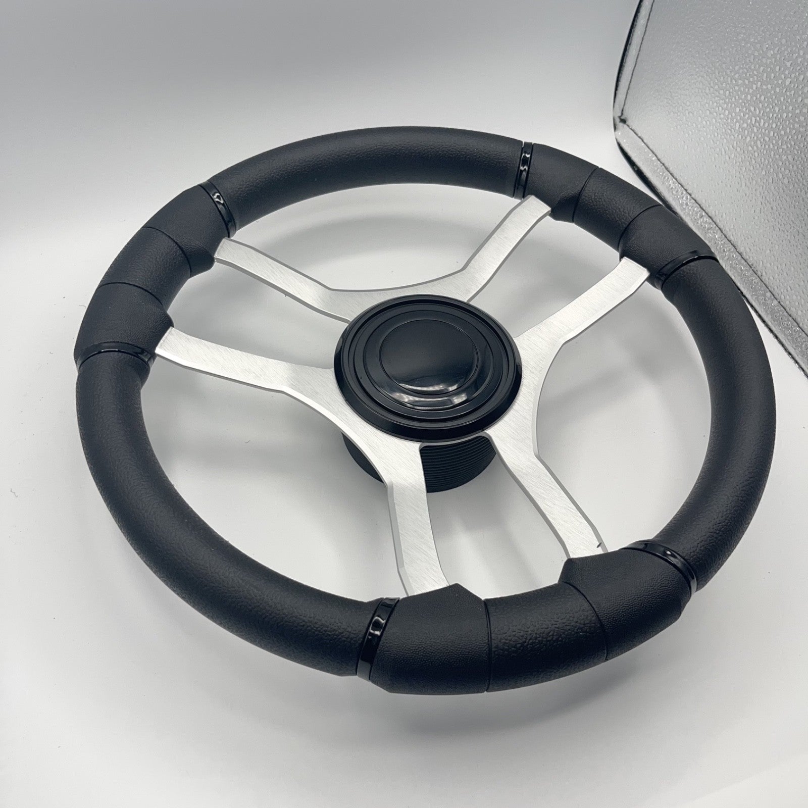 Malera Boat Steering Wheel Brushed Aluminum Spokes | LG Black Snap-in