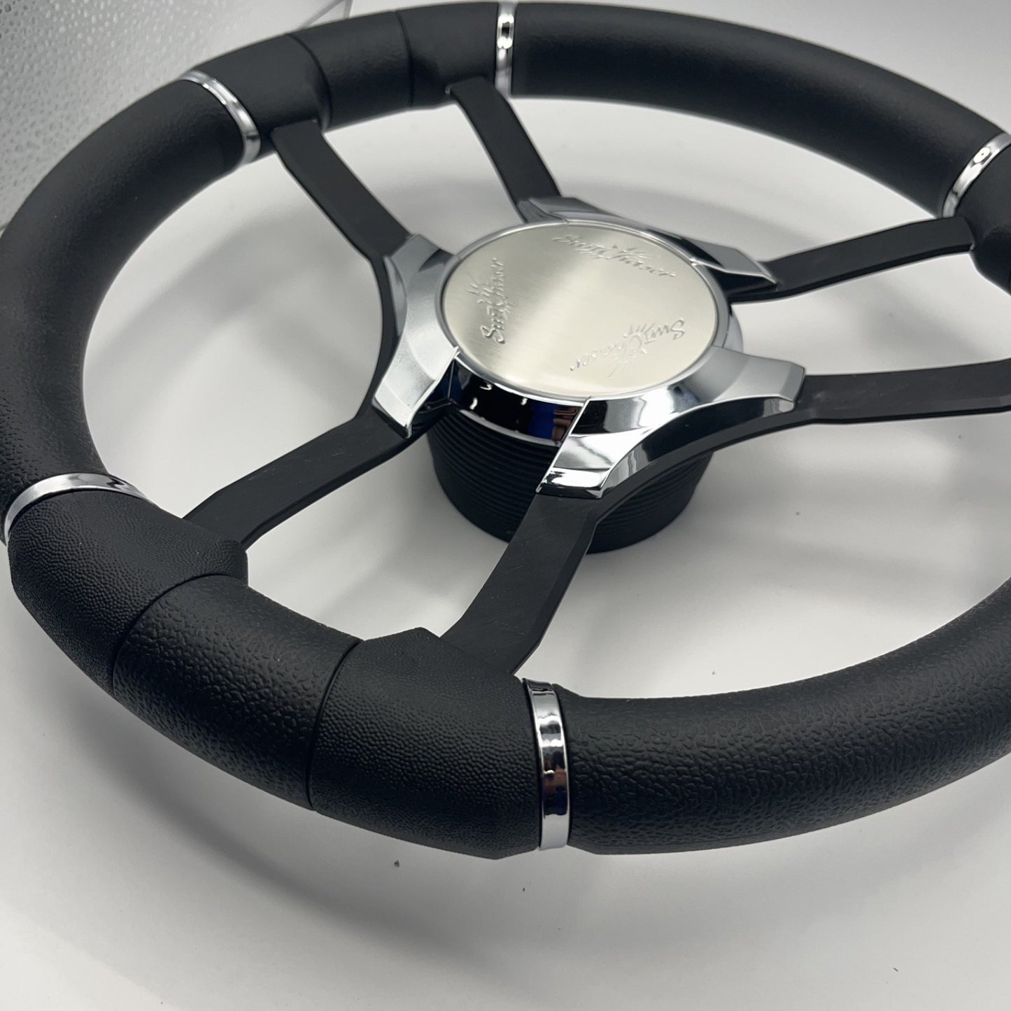 Malera Boat Steering Wheel Black Aluminum Spokes | Chrome-Style Sunchaser Logo