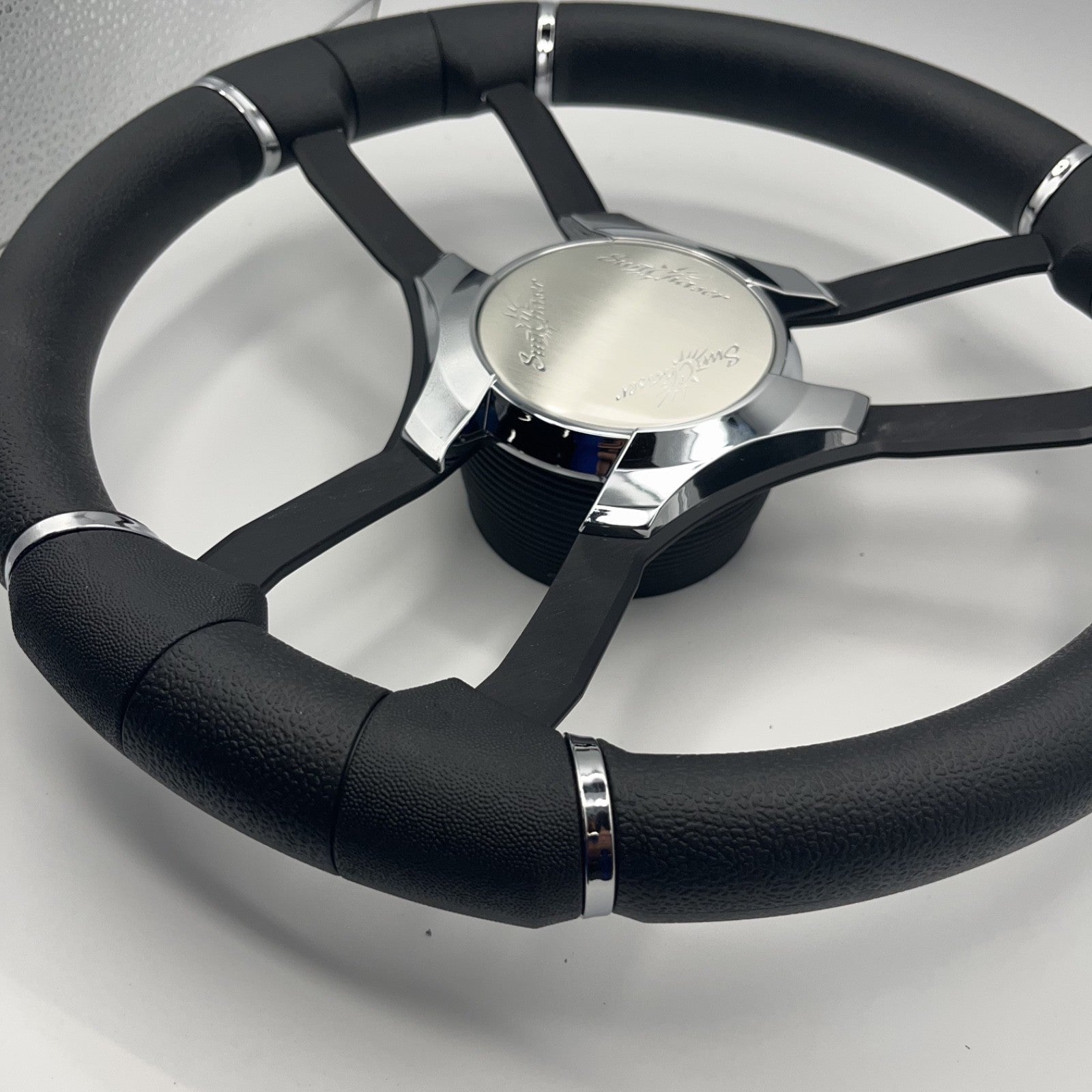 Malera Boat Steering Wheel Black Aluminum Spokes | Chrome-Style Sunchaser Logo