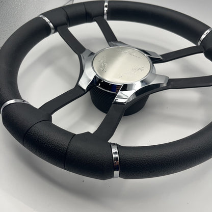 Malera Boat Steering Wheel Black Aluminum Spokes | Chrome-Style Sunchaser Logo