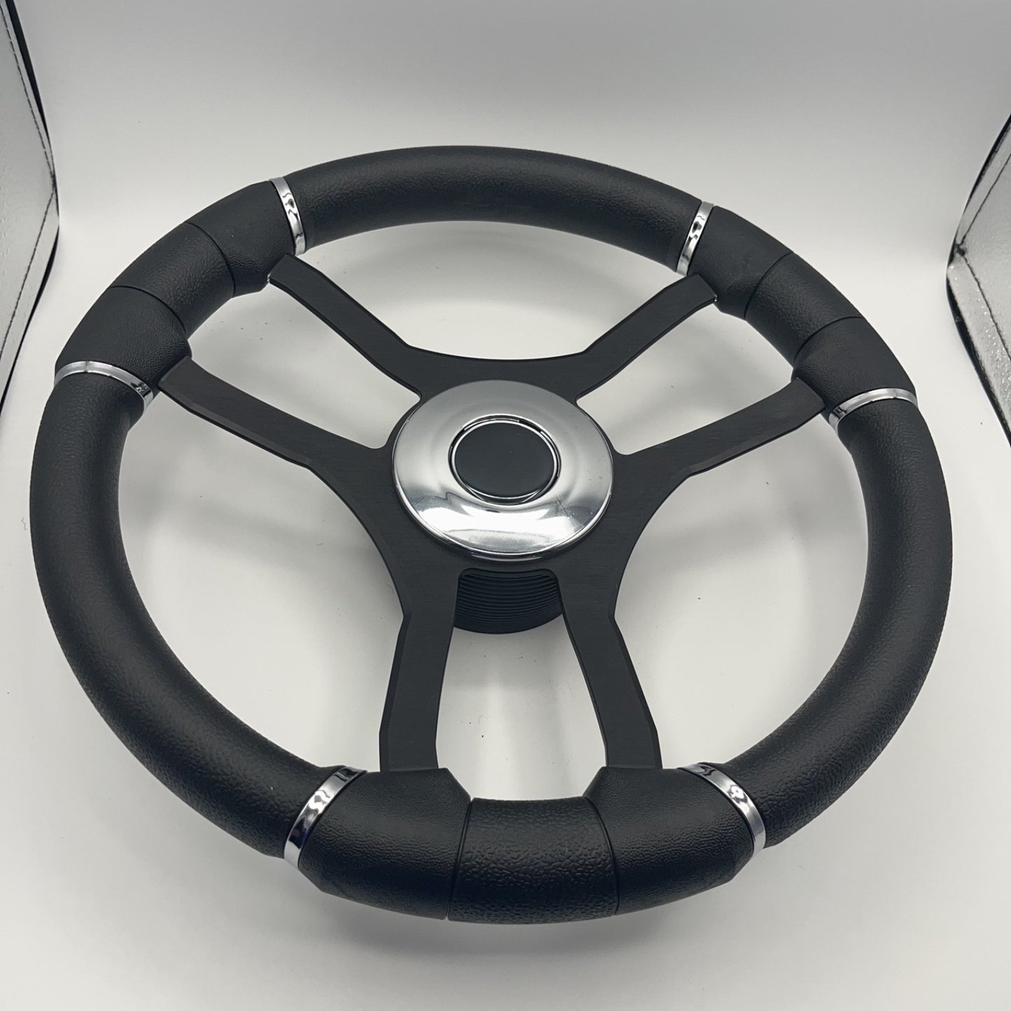 Malera Boat Steering Wheel Black Aluminum Spokes | Chrome-style Dome