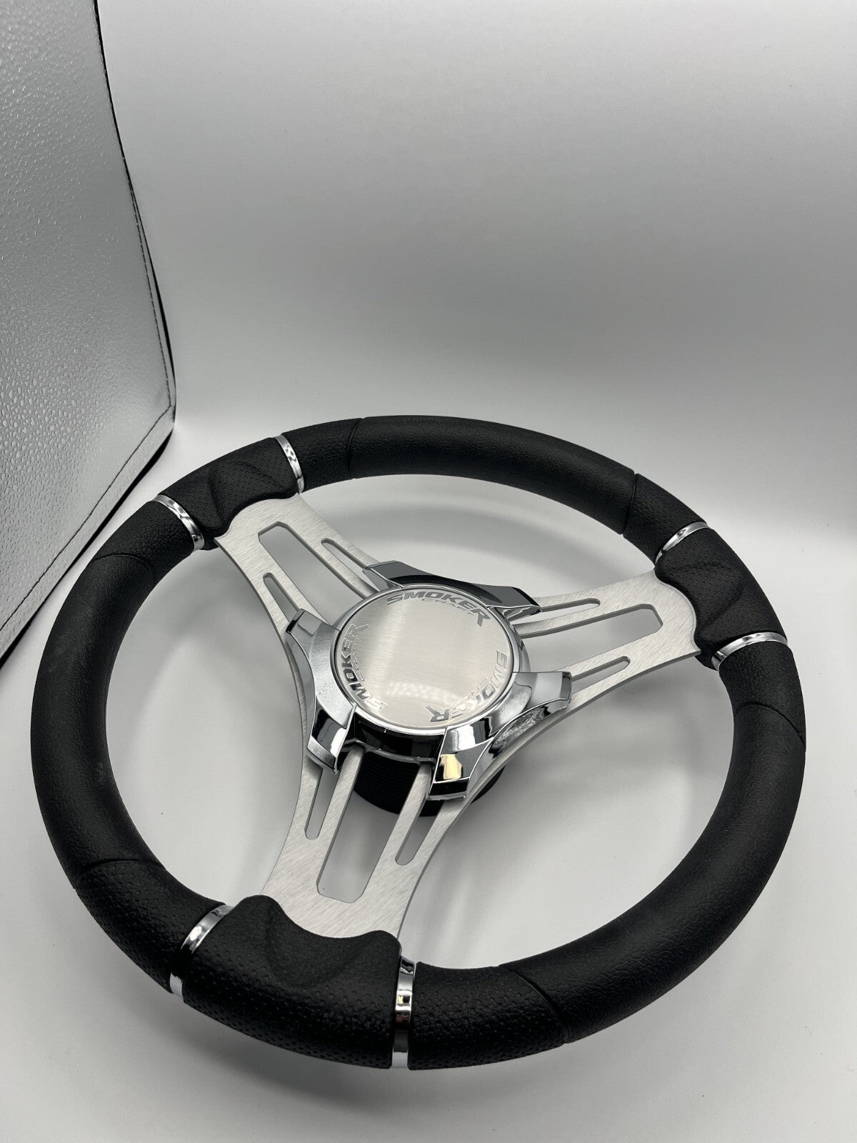 Verona Boat Steering Wheel Gray Brushed Aluminum Spokes | Smoker Logo