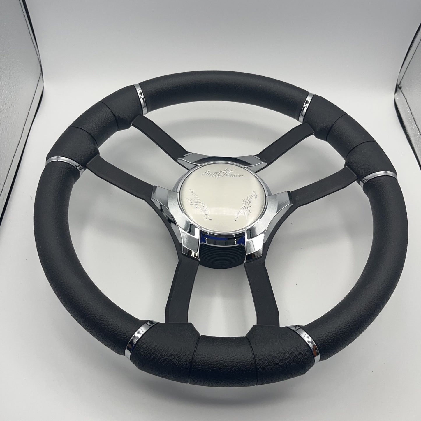 Malera Boat Steering Wheel Black Aluminum Spokes | Chrome-Style Sunchaser Logo