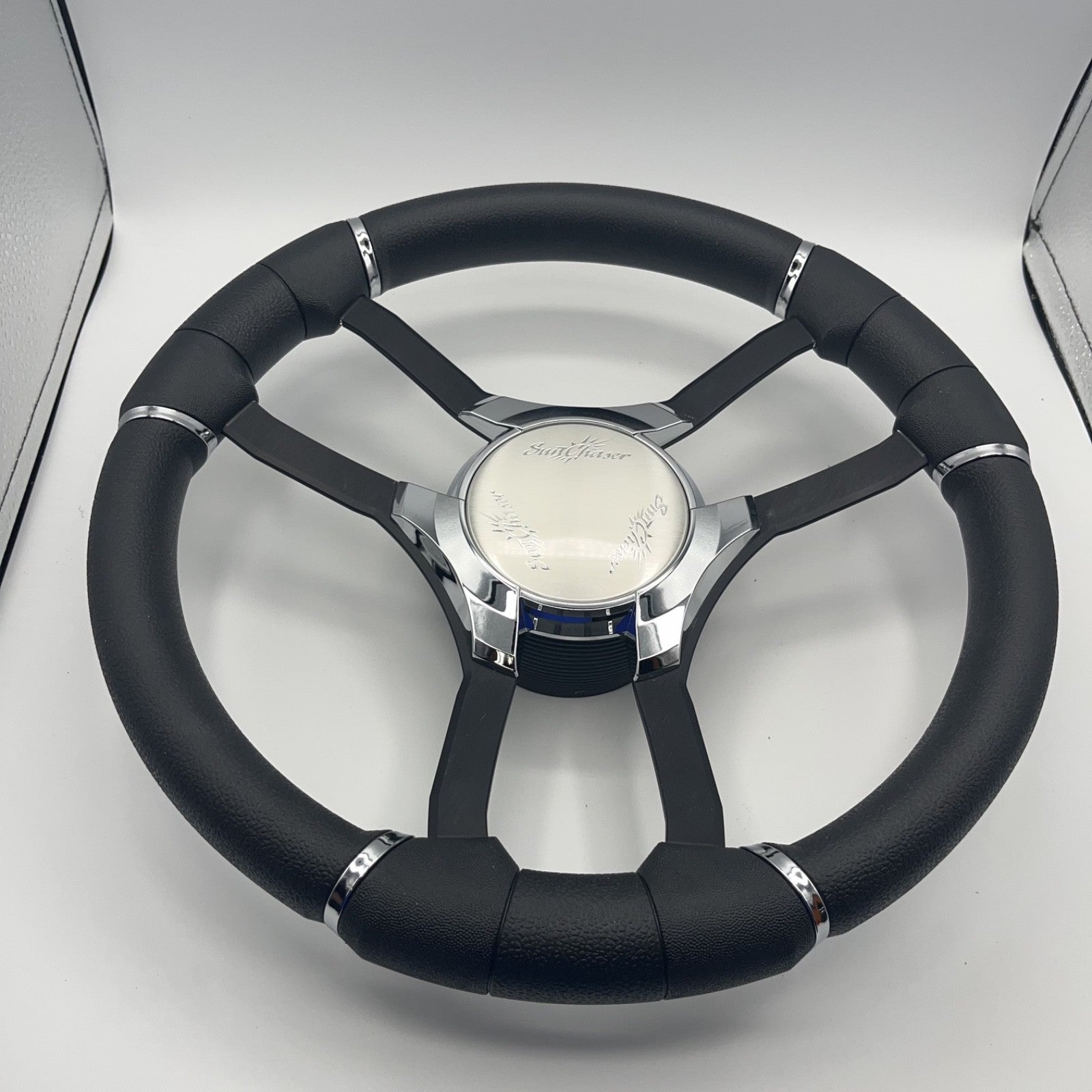 Malera Boat Steering Wheel Black Aluminum Spokes | Chrome-Style Sunchaser Logo