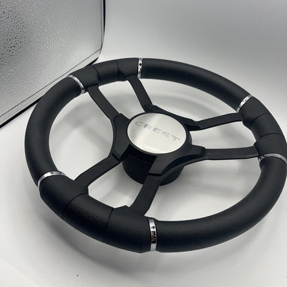 Malera Boat Steering Wheel Black Aluminum Spokes | Black Crest Boats Logo
