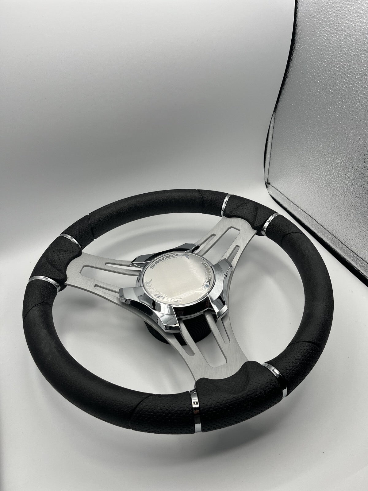 Verona Boat Steering Wheel Gray Brushed Aluminum Spokes | Smoker Logo
