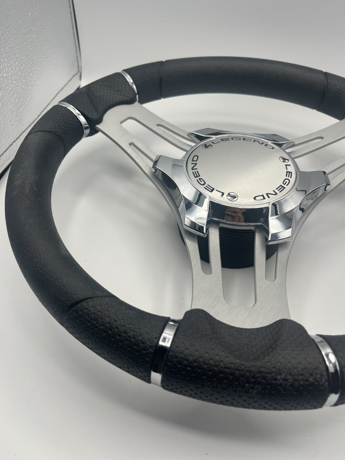 Verona Boat Steering Wheel Gray Brushed Aluminum Spokes | Legend Boats Logo