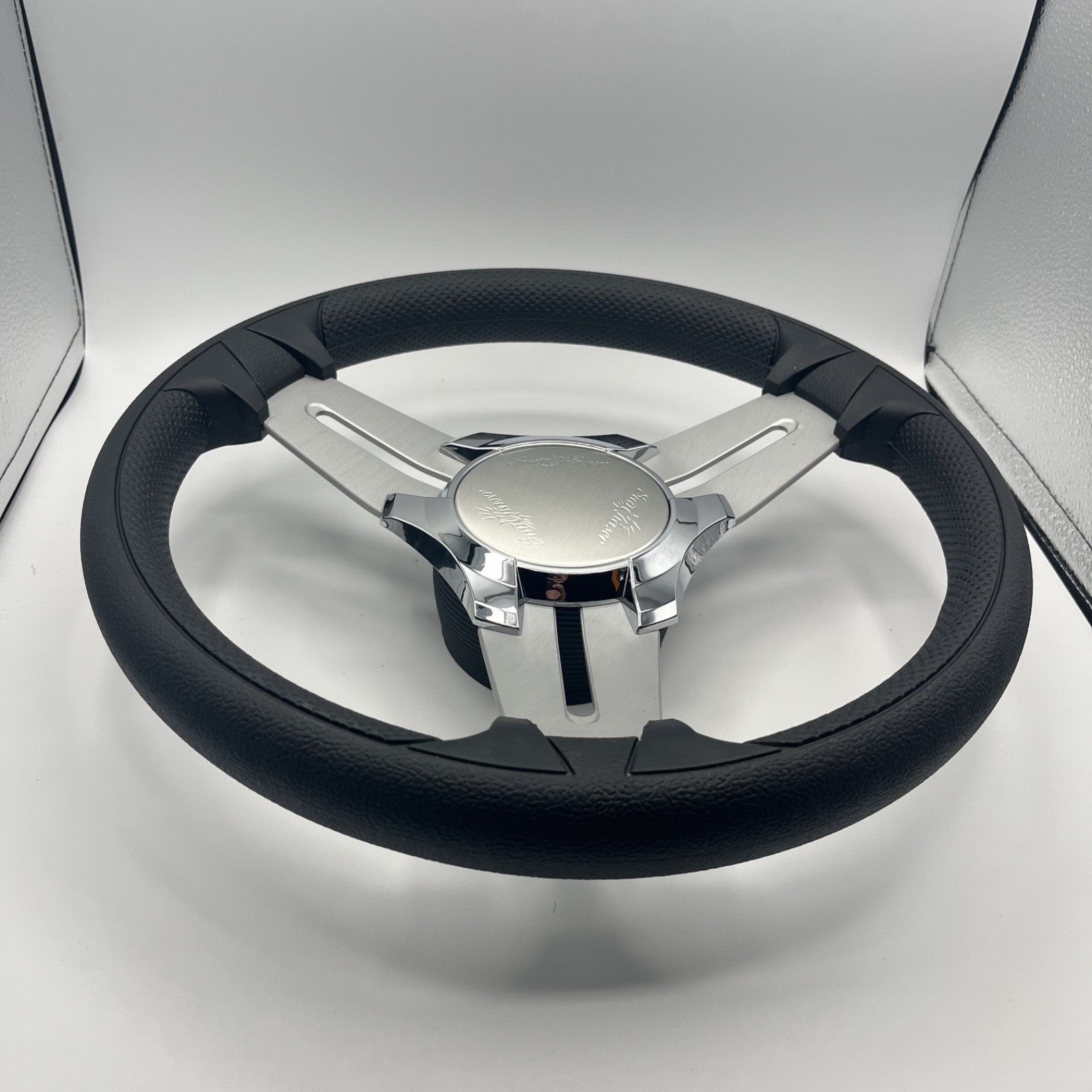 Model 15 Marine Steering Wheel Brush Alum Spokes | Sunchaser Boats Logo