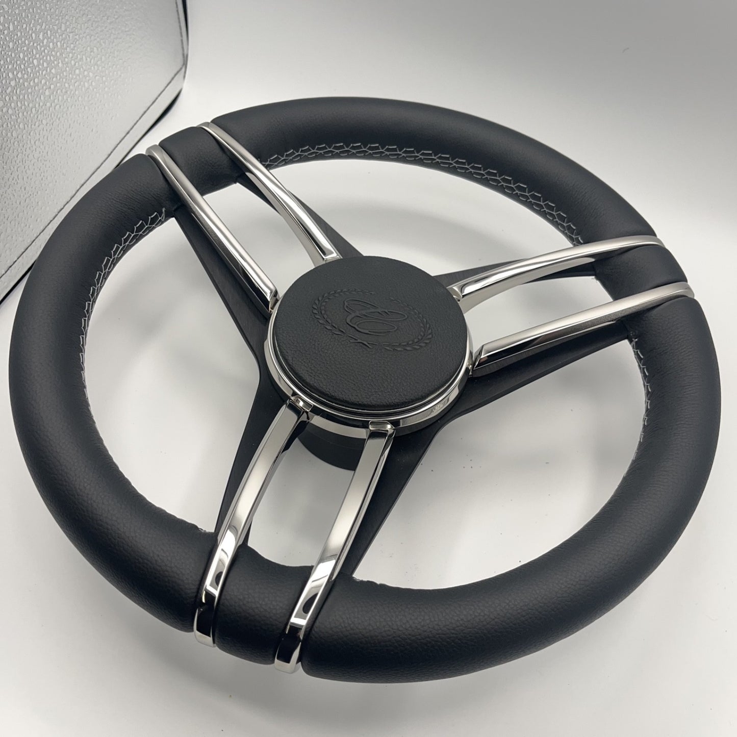 Cobalt Boat Steering Wheel Stainless Steel Spoke Leather Rim | Cobalt Boats Logo