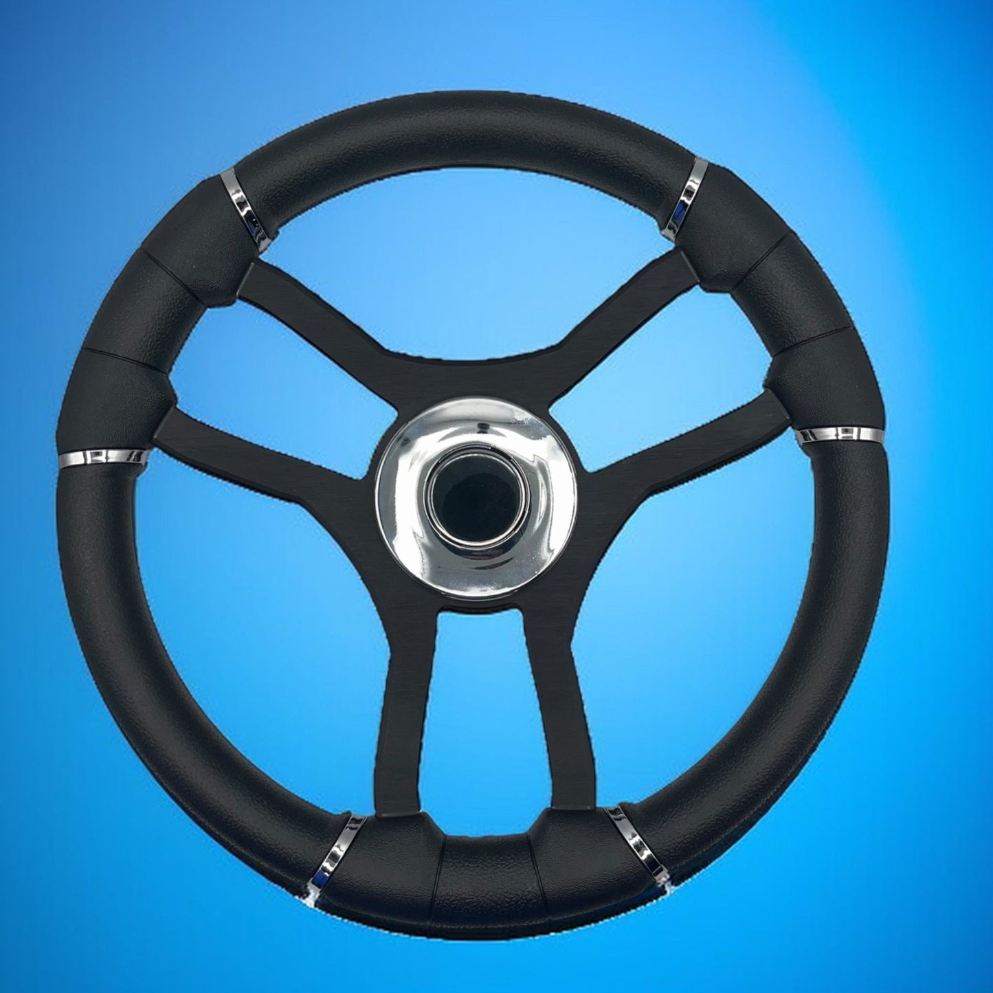 Malera Boat Steering Wheel Black Aluminum Spokes | Chrome-style Dome