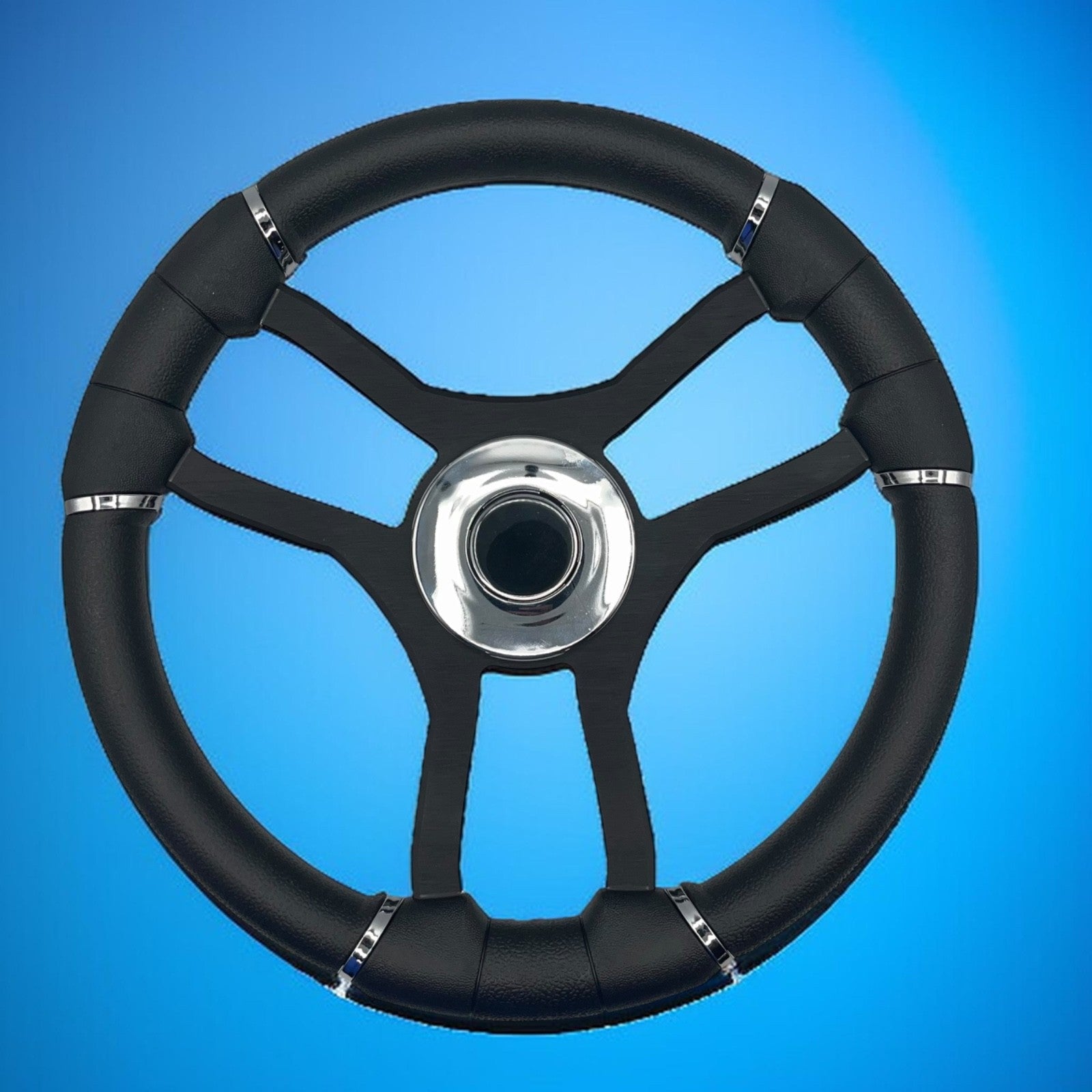 Malera Boat Steering Wheel Black Aluminum Spokes | Chrome-style Dome