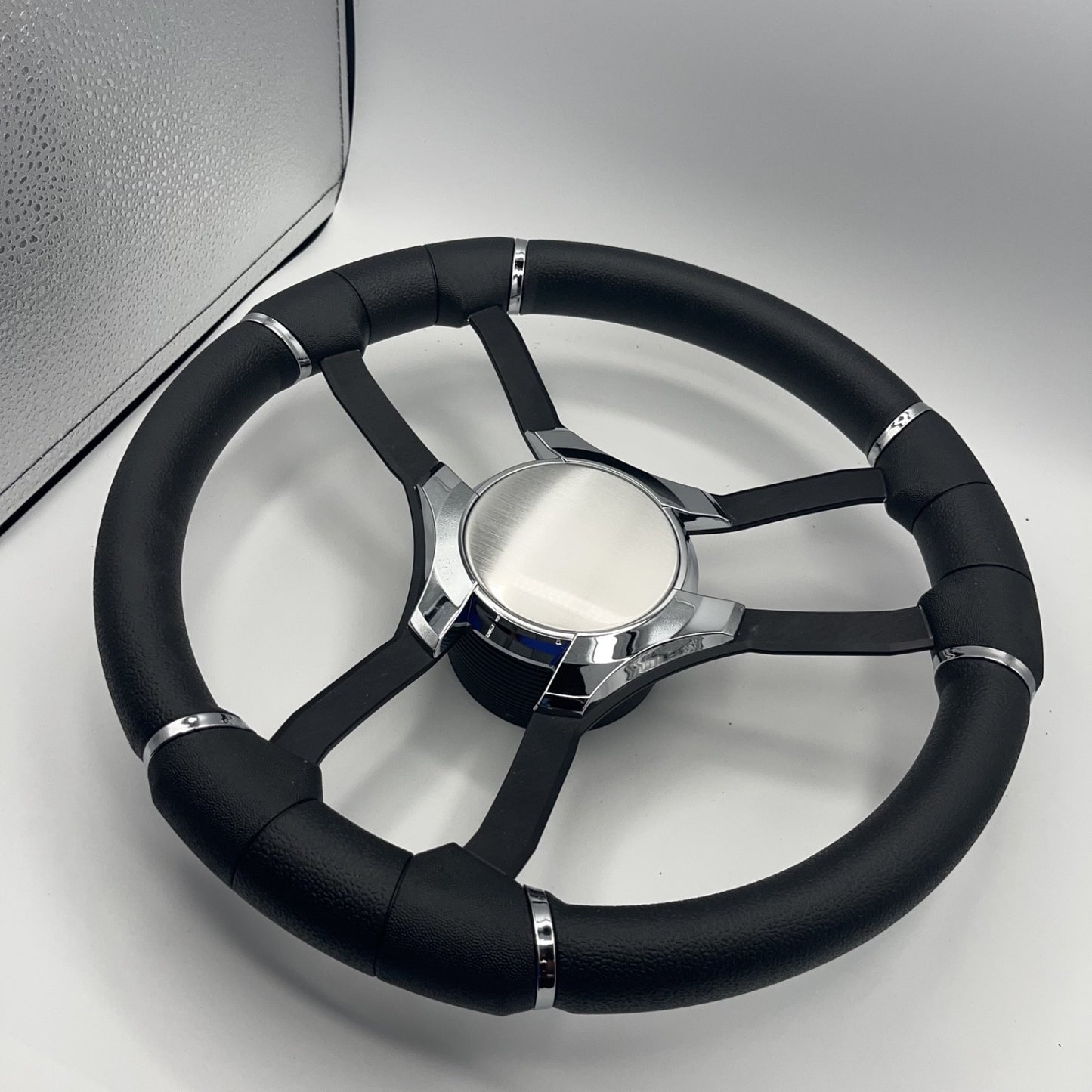 Malera Boat Steering Wheel Black Aluminum Spokes | Chrome Plain