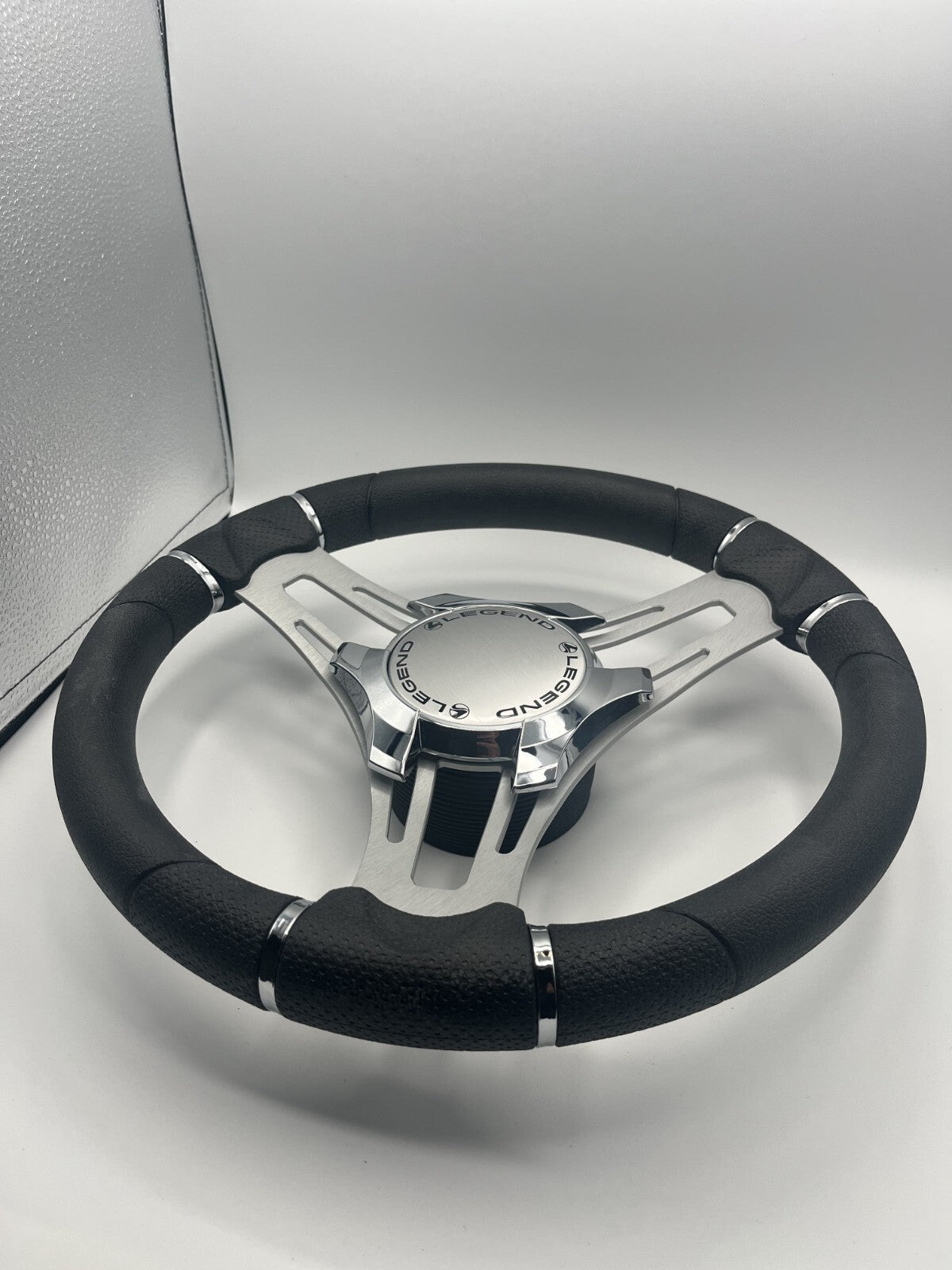 Verona Boat Steering Wheel Gray Brushed Aluminum Spokes | Legend Boats Logo