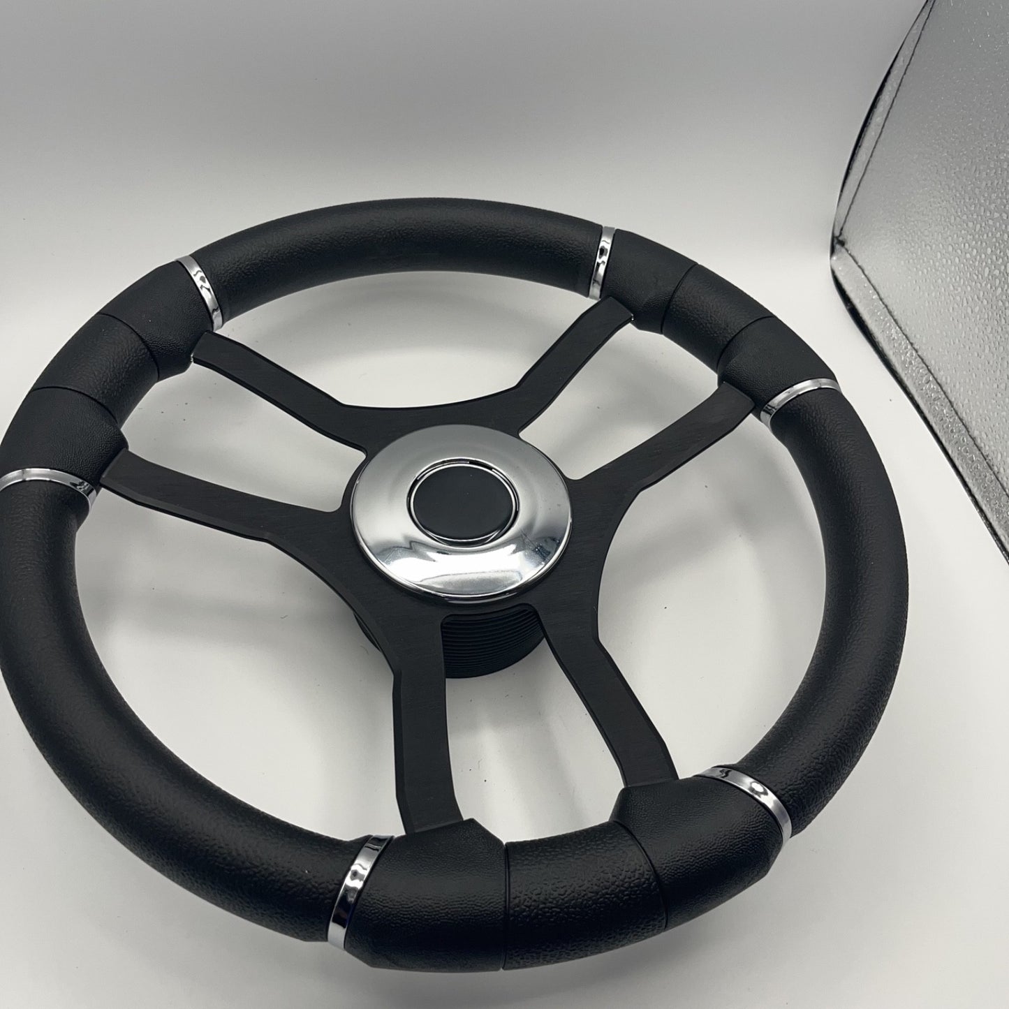 Malera Boat Steering Wheel Black Aluminum Spokes | Chrome-style Dome