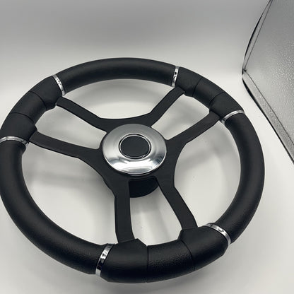 Malera Boat Steering Wheel Black Aluminum Spokes | Chrome-style Dome