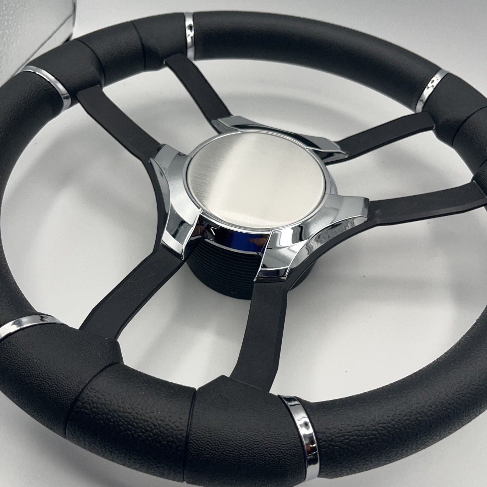 Malera Boat Steering Wheel Black Aluminum Spokes | Chrome Plain