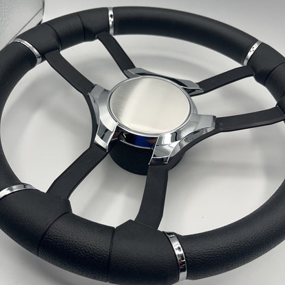 Malera Boat Steering Wheel Black Aluminum Spokes | Chrome Plain