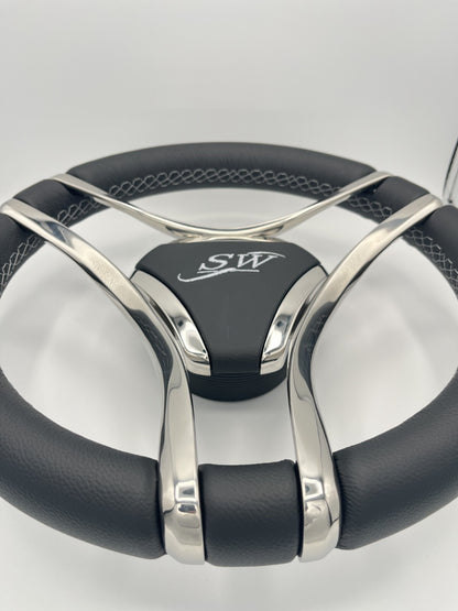Lora Boat Steering Wheel Stainless Steel Spokes | Silver Wave Boat Logo