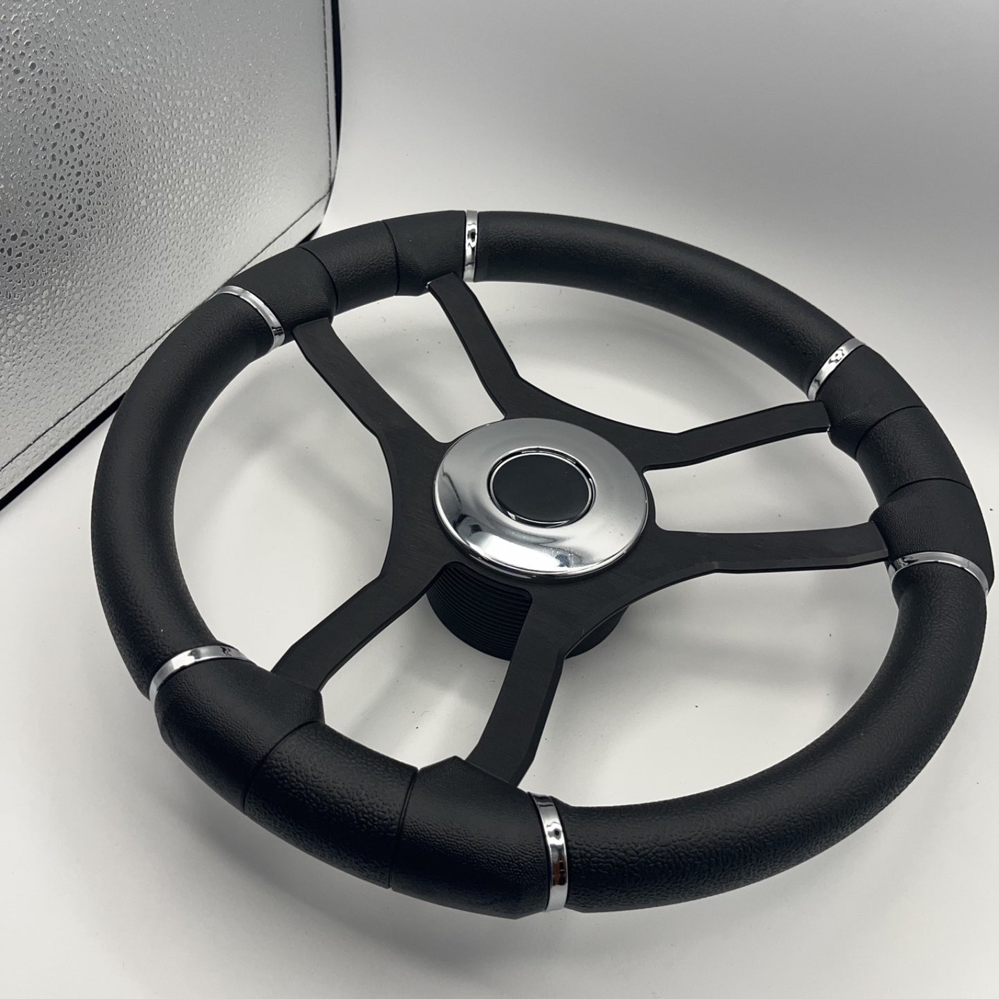 Malera Boat Steering Wheel Black Aluminum Spokes | Chrome-style Dome