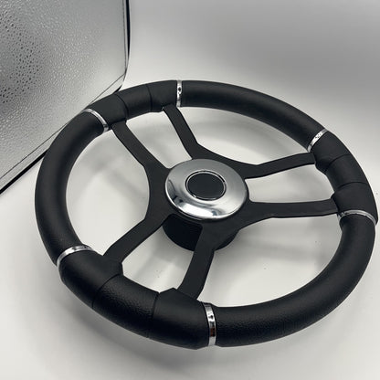 Malera Boat Steering Wheel Black Aluminum Spokes | Chrome-style Dome