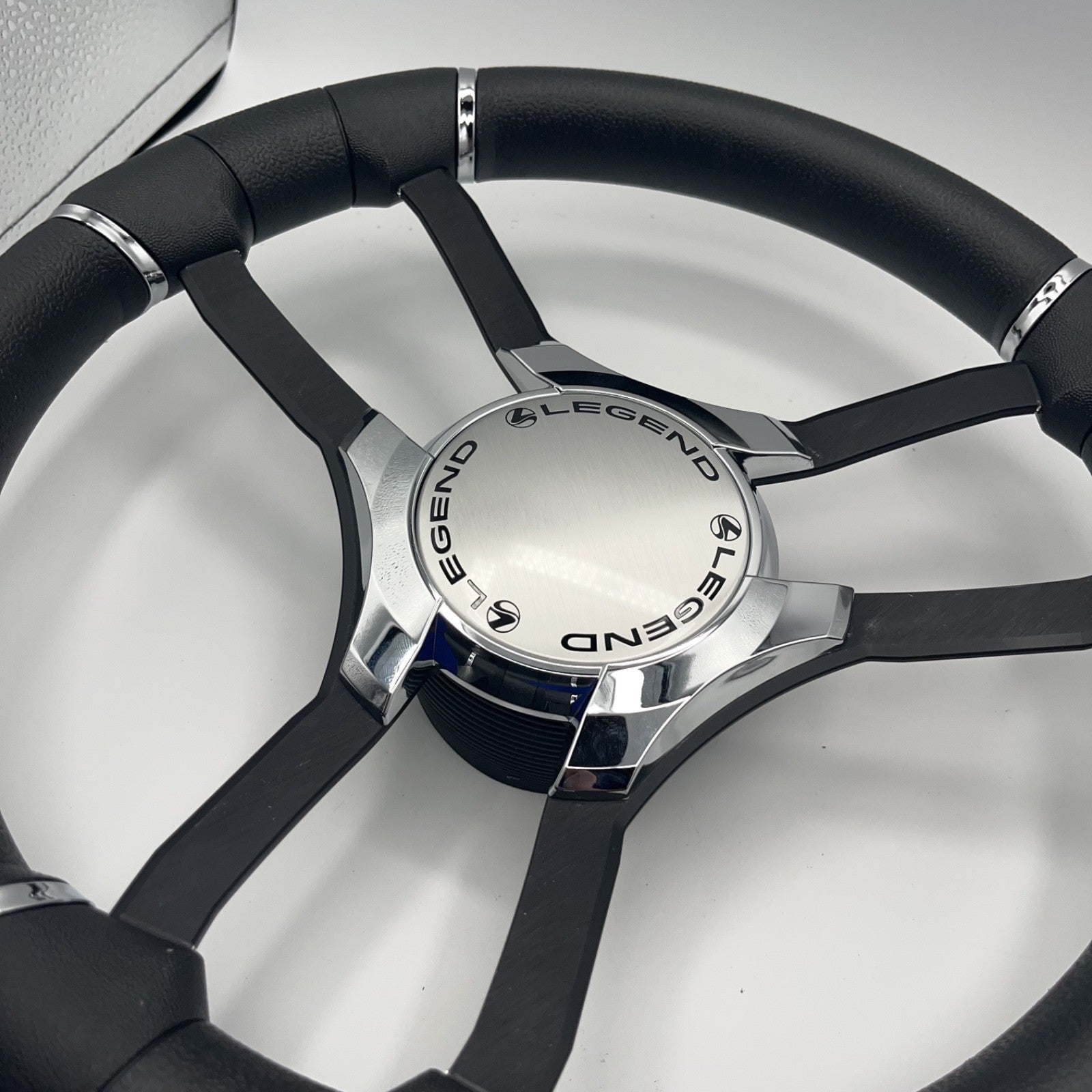 Malera Boat Steering Wheel Black Aluminum Spokes | Chrome-Style Legend Logo