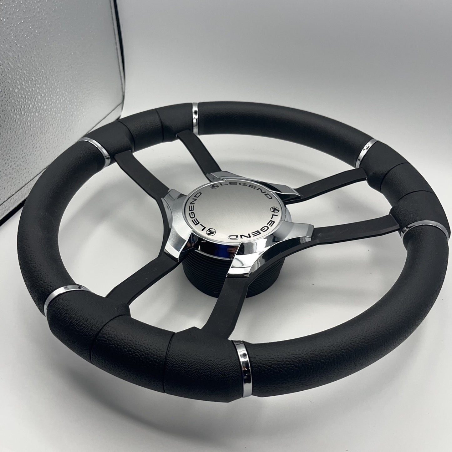 Malera Boat Steering Wheel Black Aluminum Spokes | Chrome-Style Legend Logo