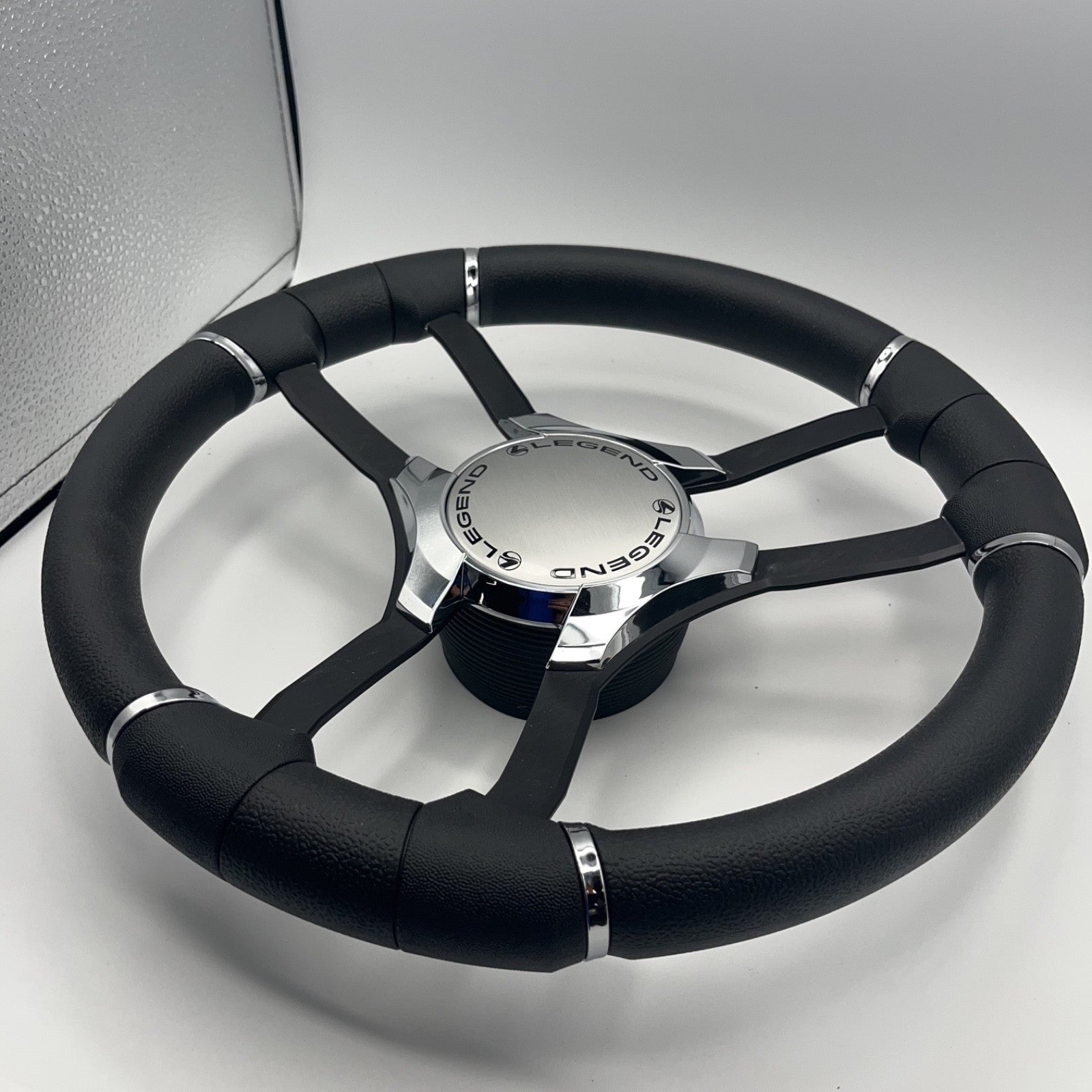 Malera Boat Steering Wheel Black Aluminum Spokes | Chrome-Style Legend Logo