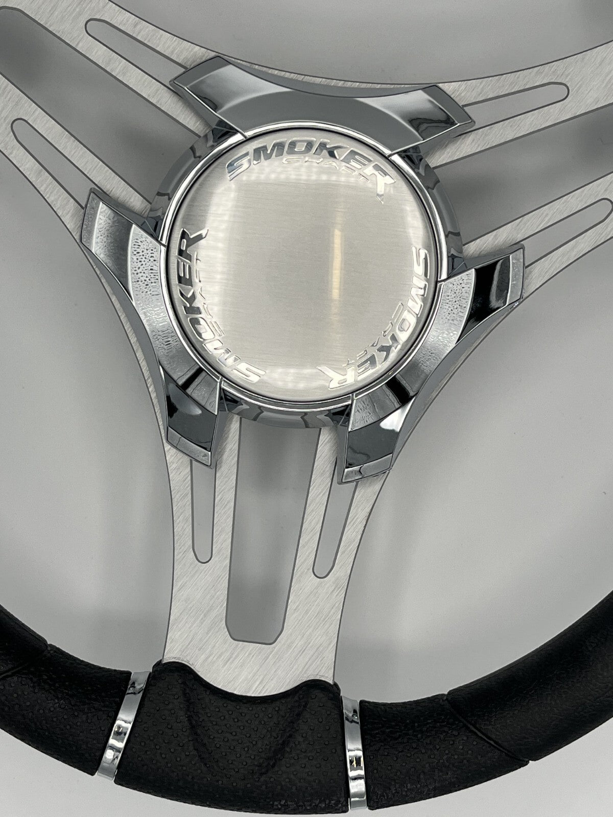 Verona Boat Steering Wheel Gray Brushed Aluminum Spokes | Smoker Logo