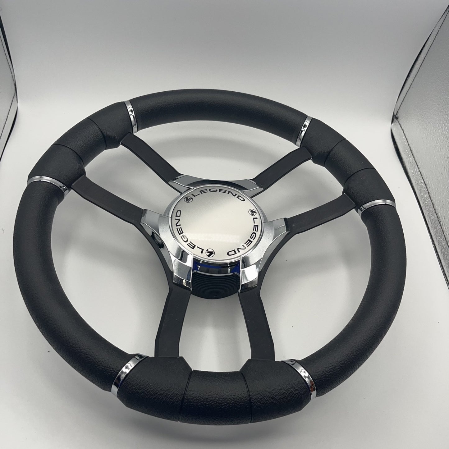 Malera Boat Steering Wheel Black Aluminum Spokes | Chrome-Style Legend Logo