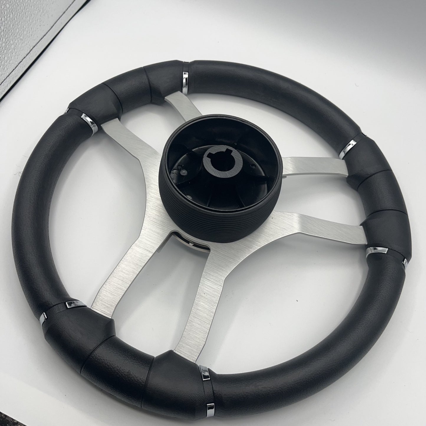 Malera Boat Steering Wheel Brushed Alum Spoke | Silver Plain Center Cap