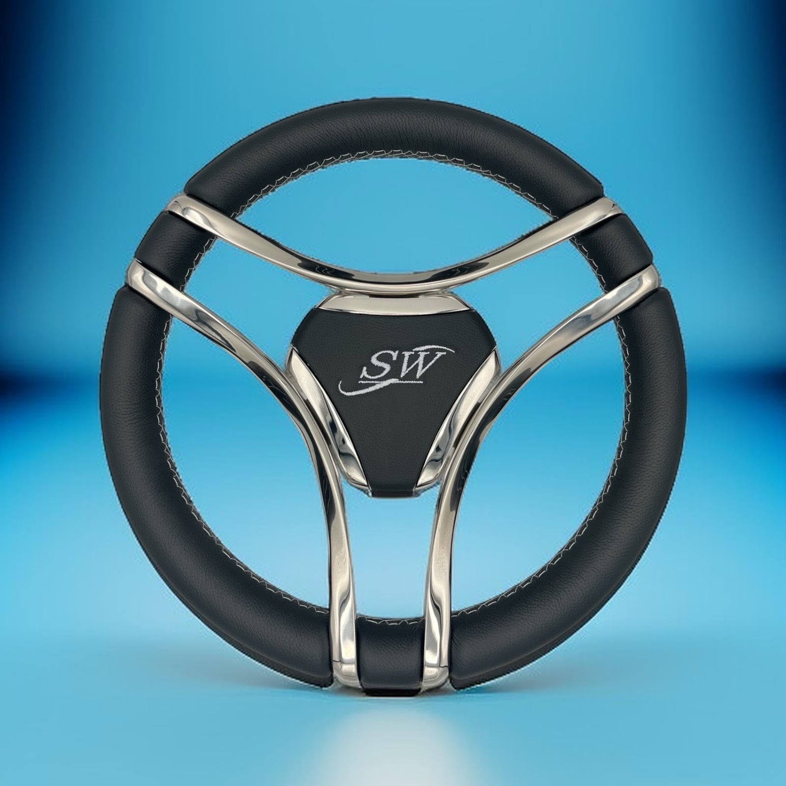 Lora Boat Steering Wheel Stainless Steel Spokes | Silver Wave Boat Logo