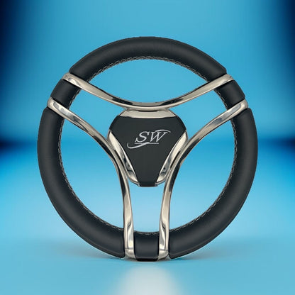 Lora Boat Steering Wheel Stainless Steel Spokes | Silver Wave Boat Logo