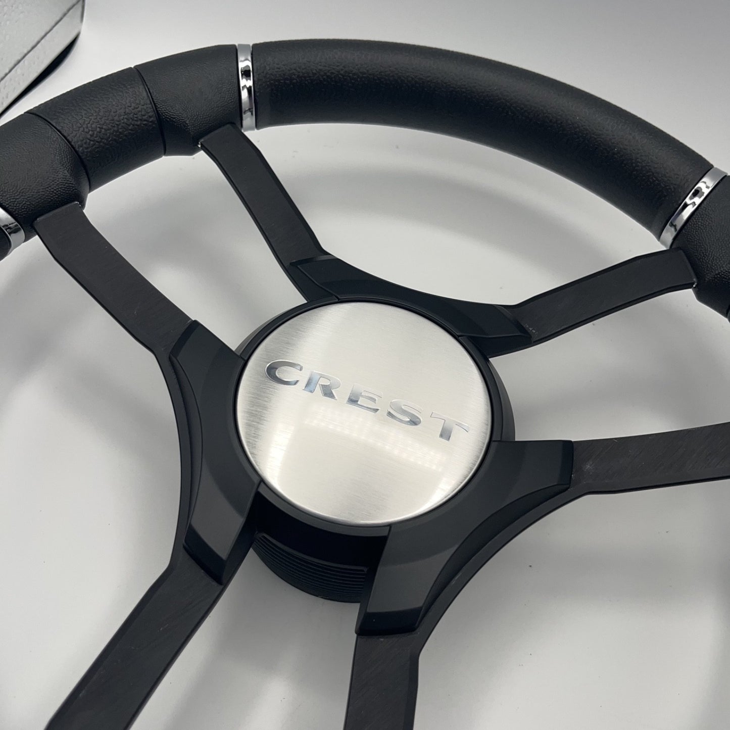 Malera Boat Steering Wheel Black Aluminum Spokes | Black Crest Boats Logo