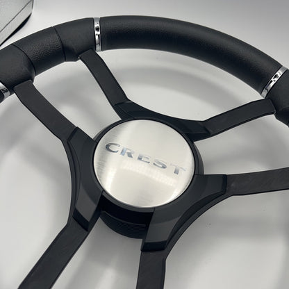 Malera Boat Steering Wheel Black Aluminum Spokes | Black Crest Boats Logo
