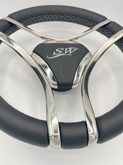 Lora Boat Steering Wheel Stainless Steel Spokes | Silver Wave Boat Logo