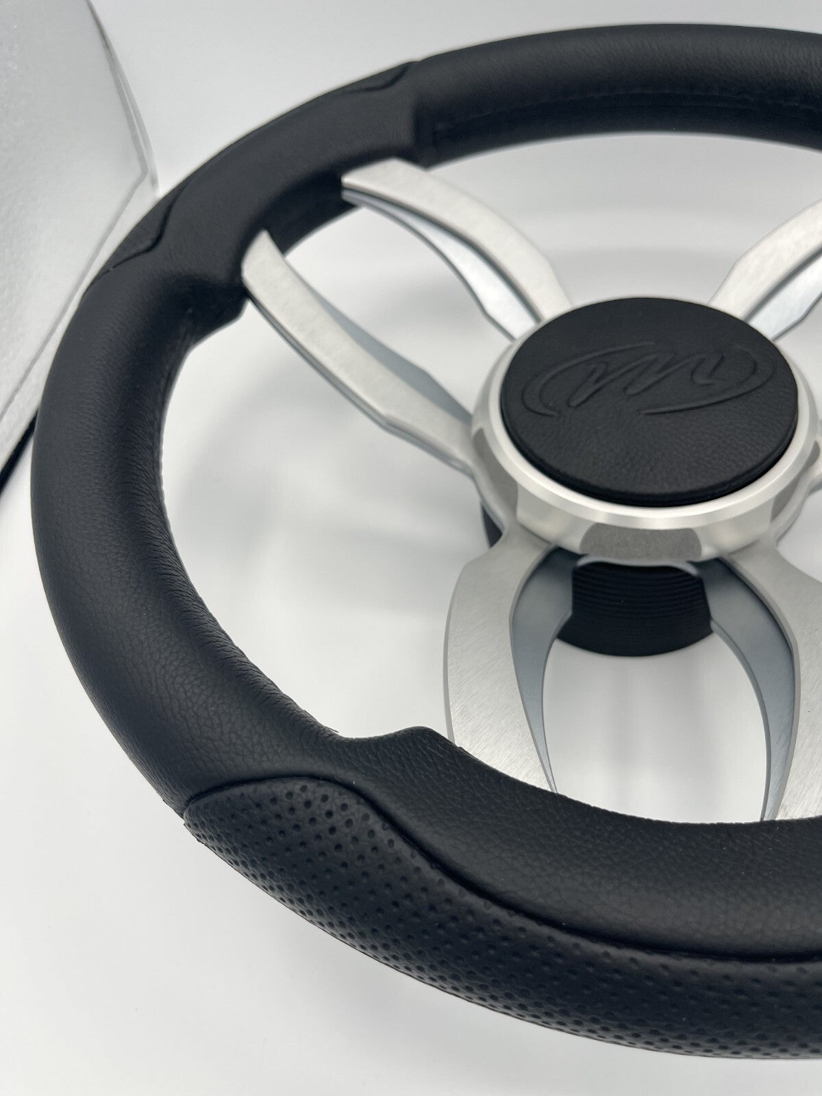 Garda Boat Steering Wheel Brushed Dual Spoke Alum | Manitou Pontoon Boat Logo