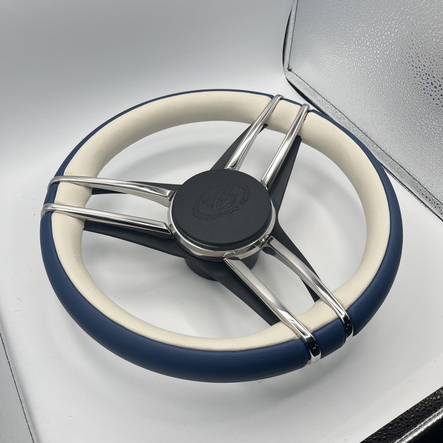 Cobalt Boat Steering Wheel Stainless Steel Spoke Blue Leather Rim | Cobalt Logo