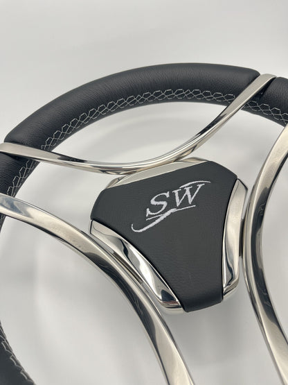 Lora Boat Steering Wheel Stainless Steel Spokes | Silver Wave Boat Logo