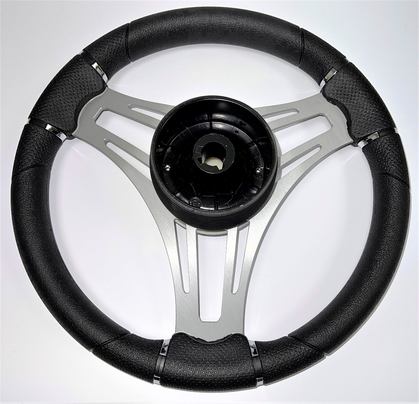 New Gussi Italia Boat Steering Wheel Gray Brushed Aluminum Spokes | Black Dome