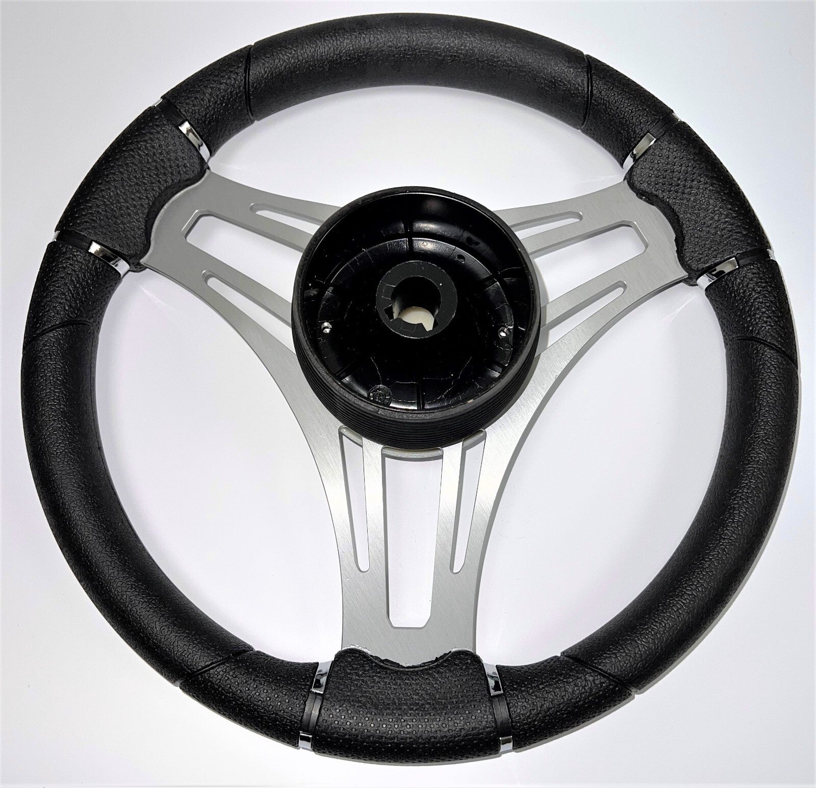 New Gussi Italia Boat Steering Wheel Gray Brushed Aluminum Spokes | Black Dome