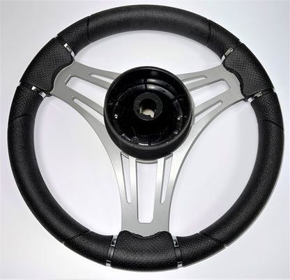 New Gussi Italia Boat Steering Wheel Gray Brushed Aluminum Spokes | Black Dome