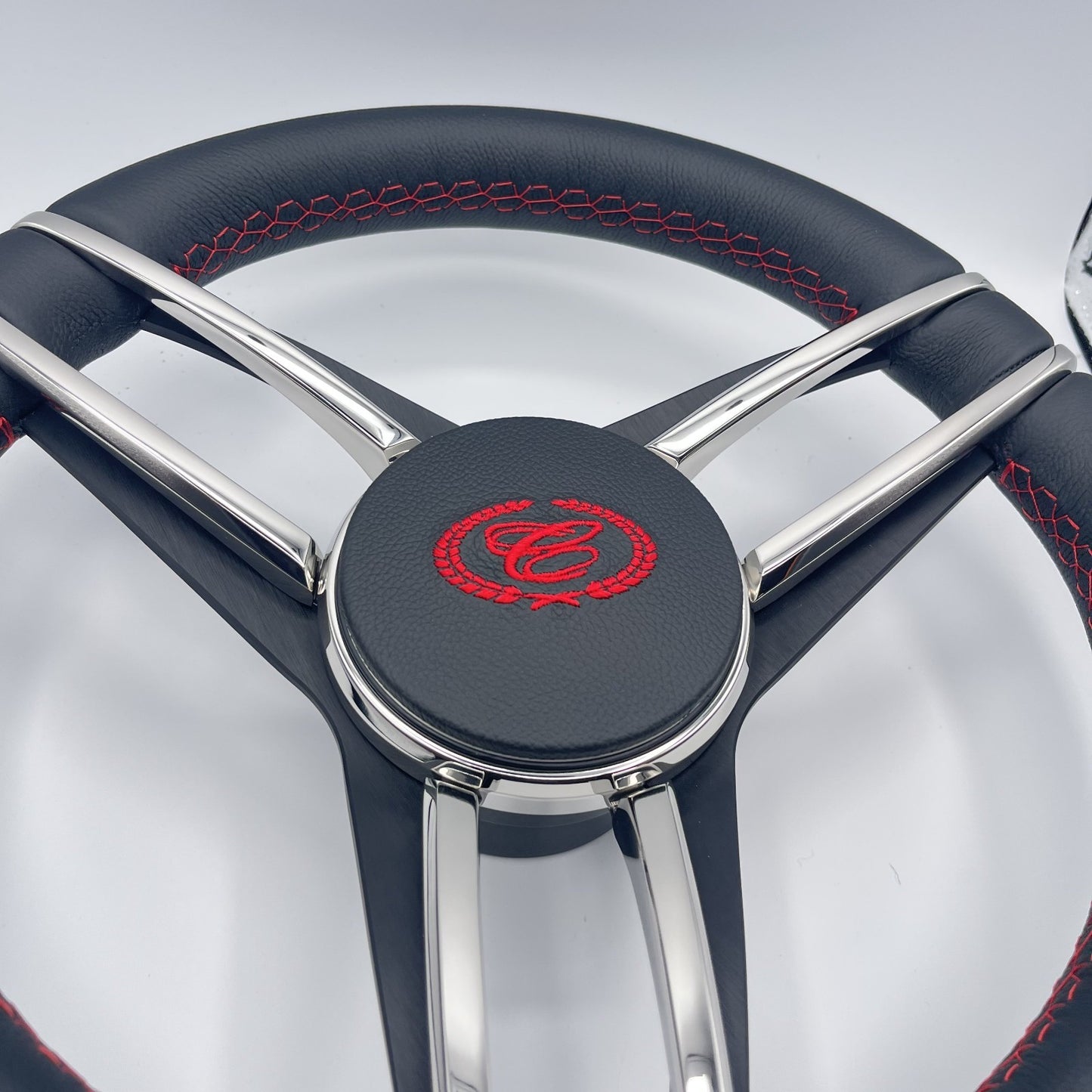 Cobalt Boat Steering Wheel Stainless Steel Spoke Leather Rim | Cobalt Boats Logo