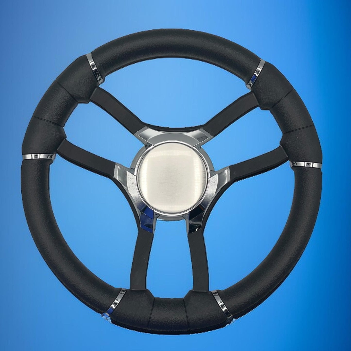 Malera Boat Steering Wheel Black Aluminum Spokes | Chrome Plain