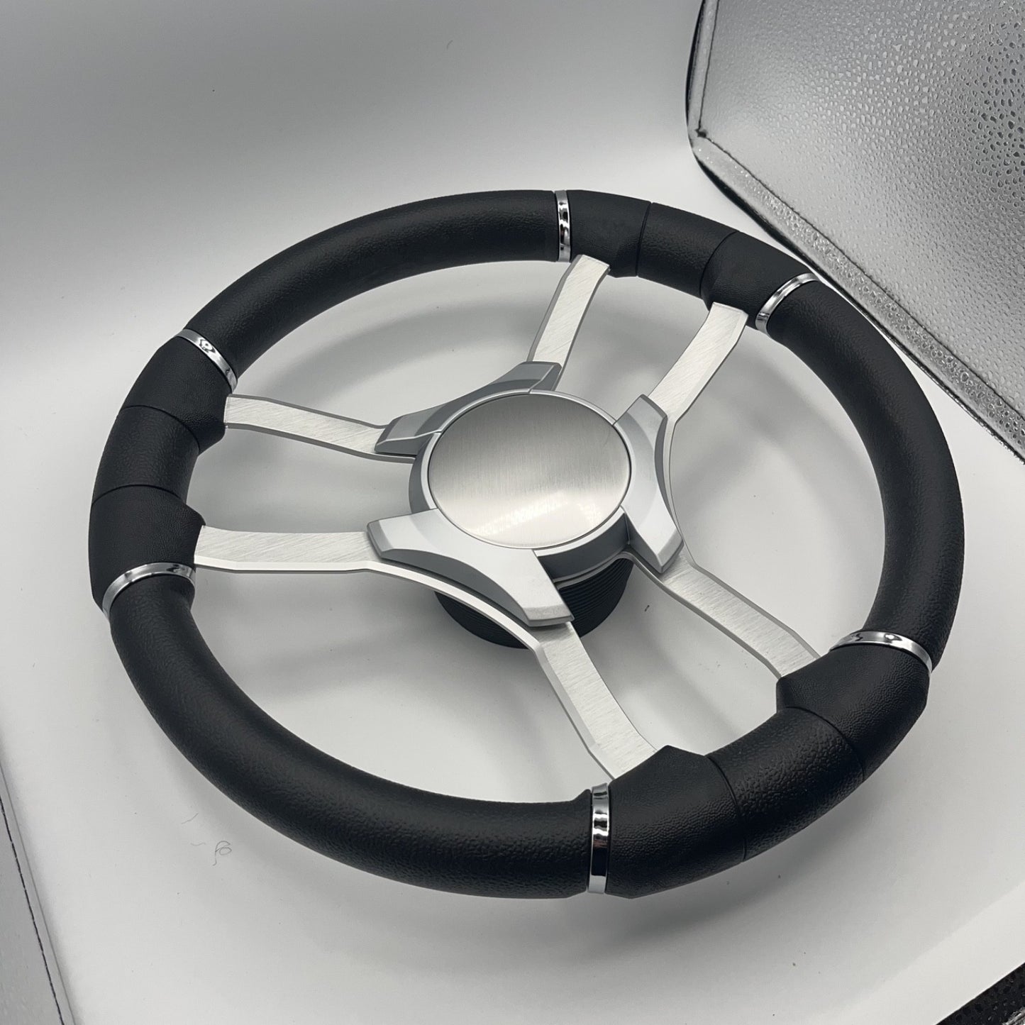 Malera Boat Steering Wheel Brushed Alum Spoke | Silver Plain Center Cap