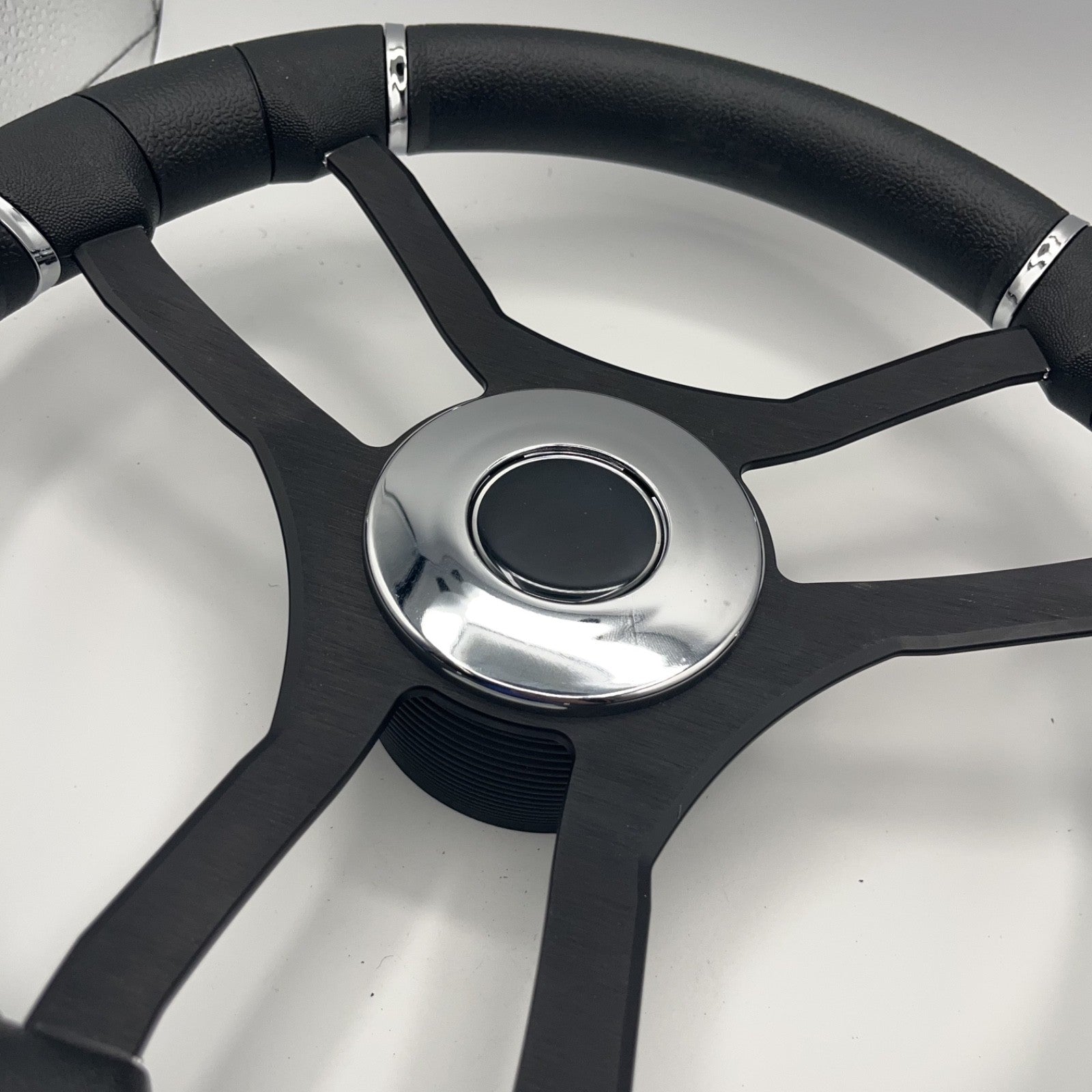 Malera Boat Steering Wheel Black Aluminum Spokes | Chrome-style Dome