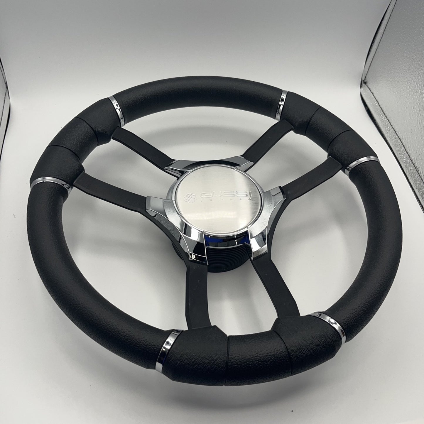 Malera Boat Steering Wheel Black Aluminum Spokes | Gussi Italia Logo
