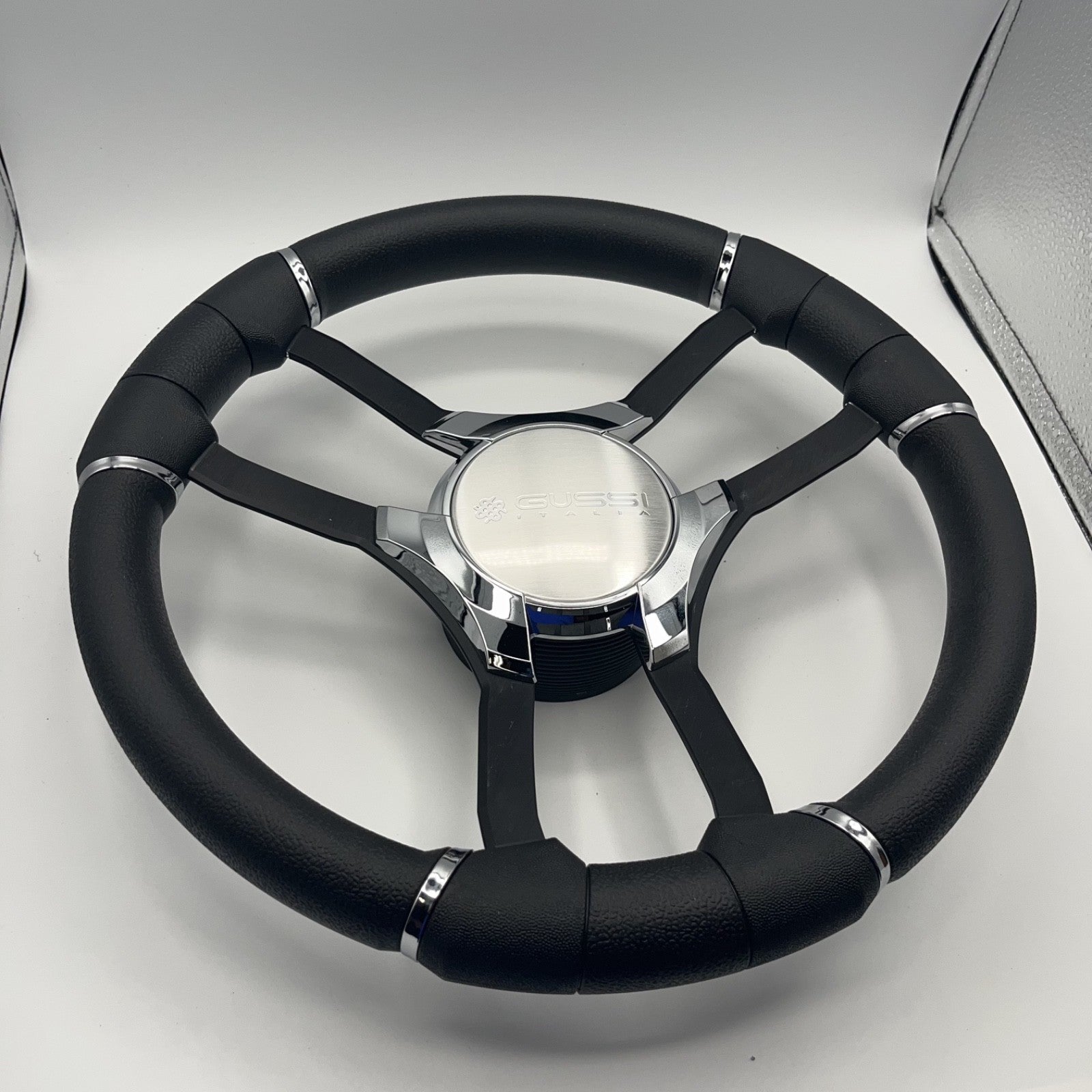 Malera Boat Steering Wheel Black Aluminum Spokes | Gussi Italia Logo