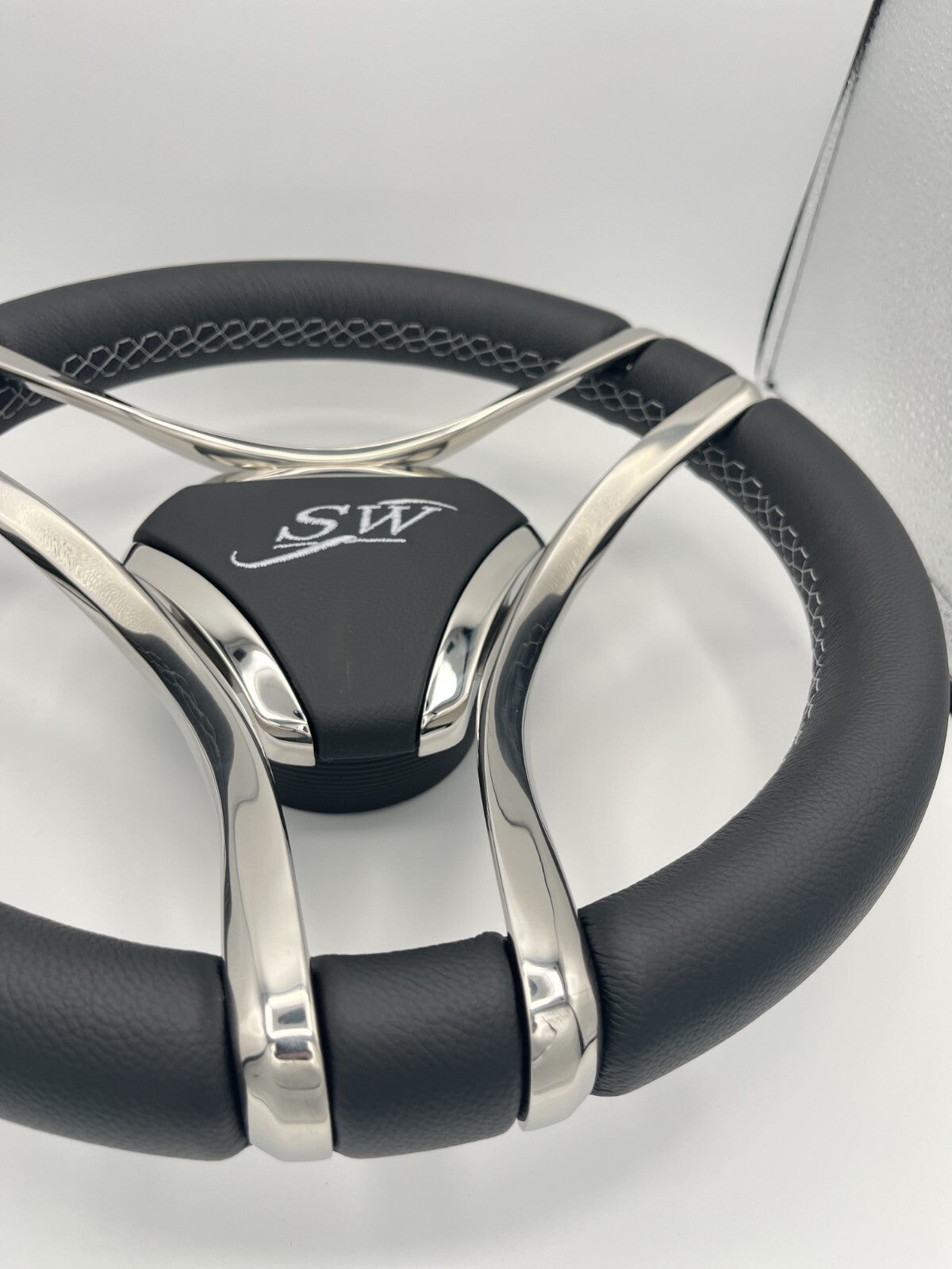 Lora Boat Steering Wheel Stainless Steel Spokes | Silver Wave Boat Logo